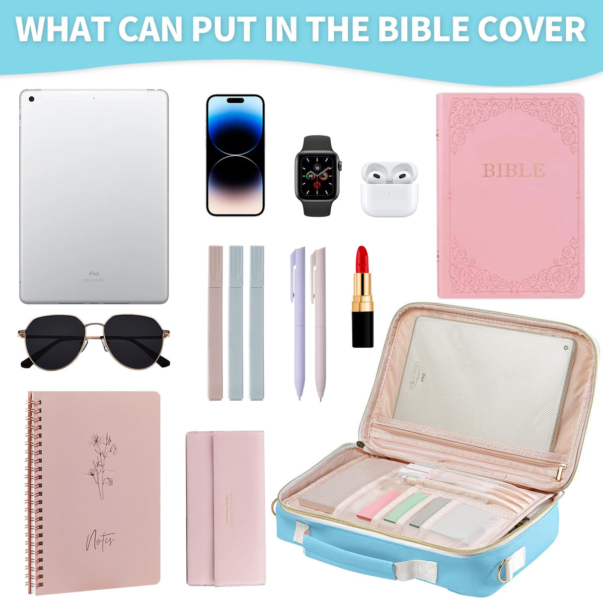 KOPKOFT Bible Cover Case for Women, Large Chenille Letter Leather Bible Case with Bible Study Accessories, Bible Study Supplies Bible Journaling Kit, Christmas Christian Gift for Women Girls (Blue)