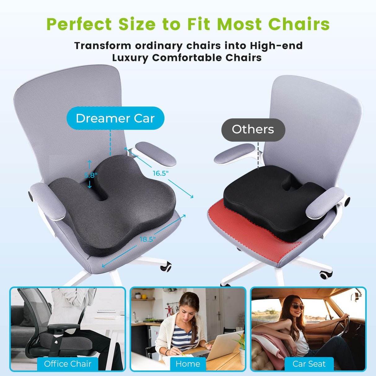 Soft Support Memory Foam Seat Cushion - Wide Cushion for Wide Hip Office Workers, Car Drivers - Sciatica,Tailbone Pain Relief,Office Chair Cushion & Car Seat Cushion (Gray)
