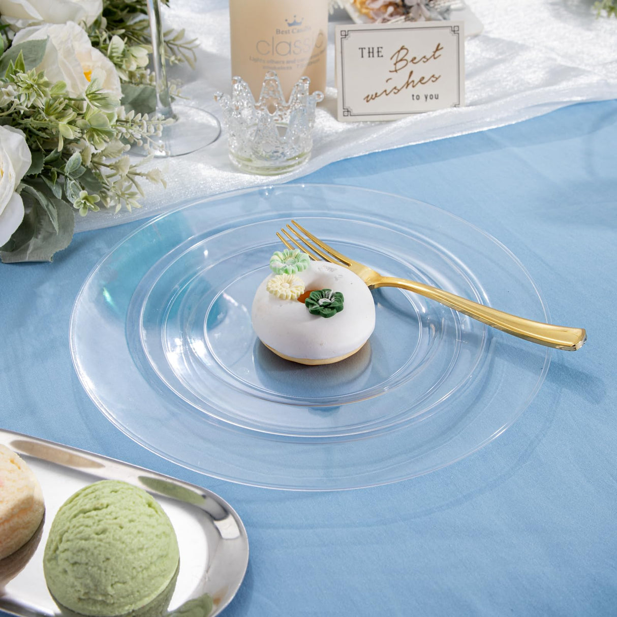 FLOWERCAT 100PCS Clear Plastic Plates - Heavy Duty Clear Disposable Plates for Fall Party/Wedding/Christmas - Include 10inch & 7inch Dinner/Dessert Plates for 50guests