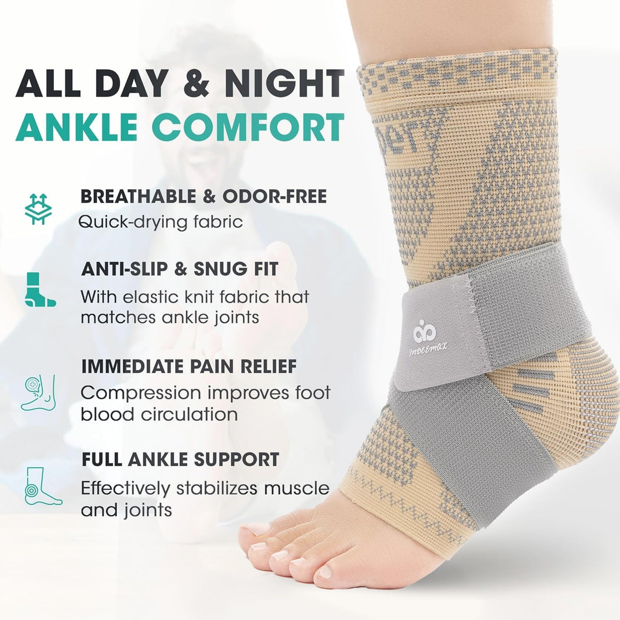INDEEMAX Ankle Brace for Women & Men, Ankle Compression Sleeve Support Copper Infused Ankle Brace for Sprained Ankle, Plantar Fasciitis Sports, Achilles Tendonitis Pain Relief, Skin Silver, M