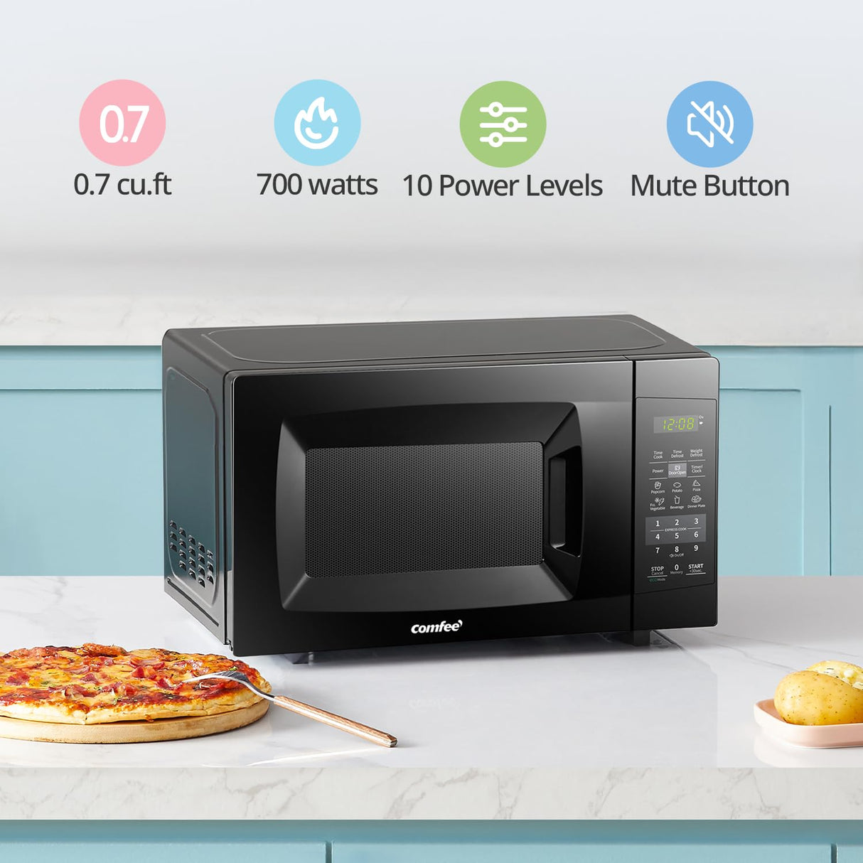 COMFEE' EM720CPL-PMB Countertop Microwave Oven with Sound On/Off, ECO Mode and Easy One-Touch Buttons, 0.7cu.ft, 700W, Black