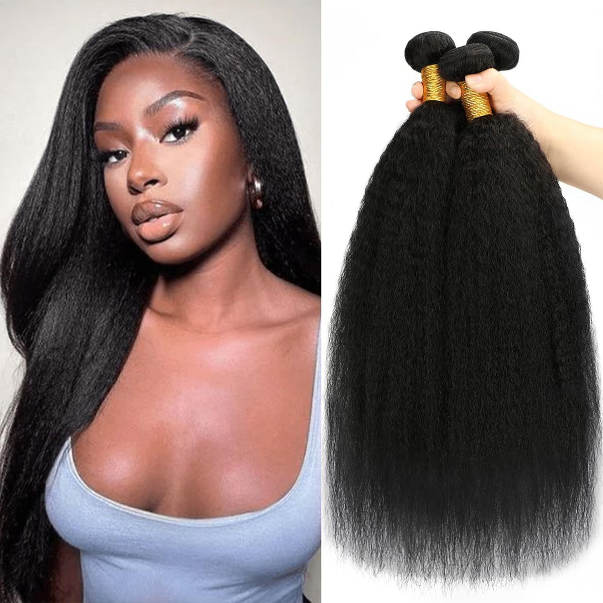Kinky Straight Bundles Yaki Straight Human Hair Bundles Natural Black Color 100% Unprocessed Brazilian Virgin Hair Kinky Straight Human Hair For Black Women (20 22 24)