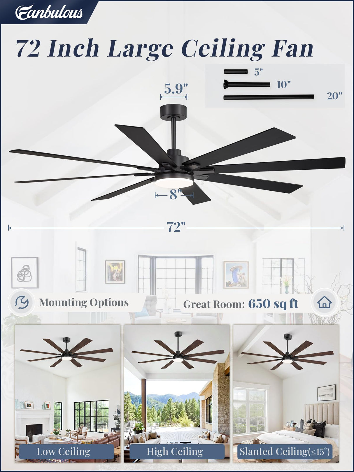Fanbulous 72 Inch Ceiling Fans with Lights and Remote, Dual-Sided Reversible Blades for Versatile Décor, Quiet DC Motor, Wide-Angle Customized Brightness & 3CCT, Damp Rated for Indoor/Outdoor Use