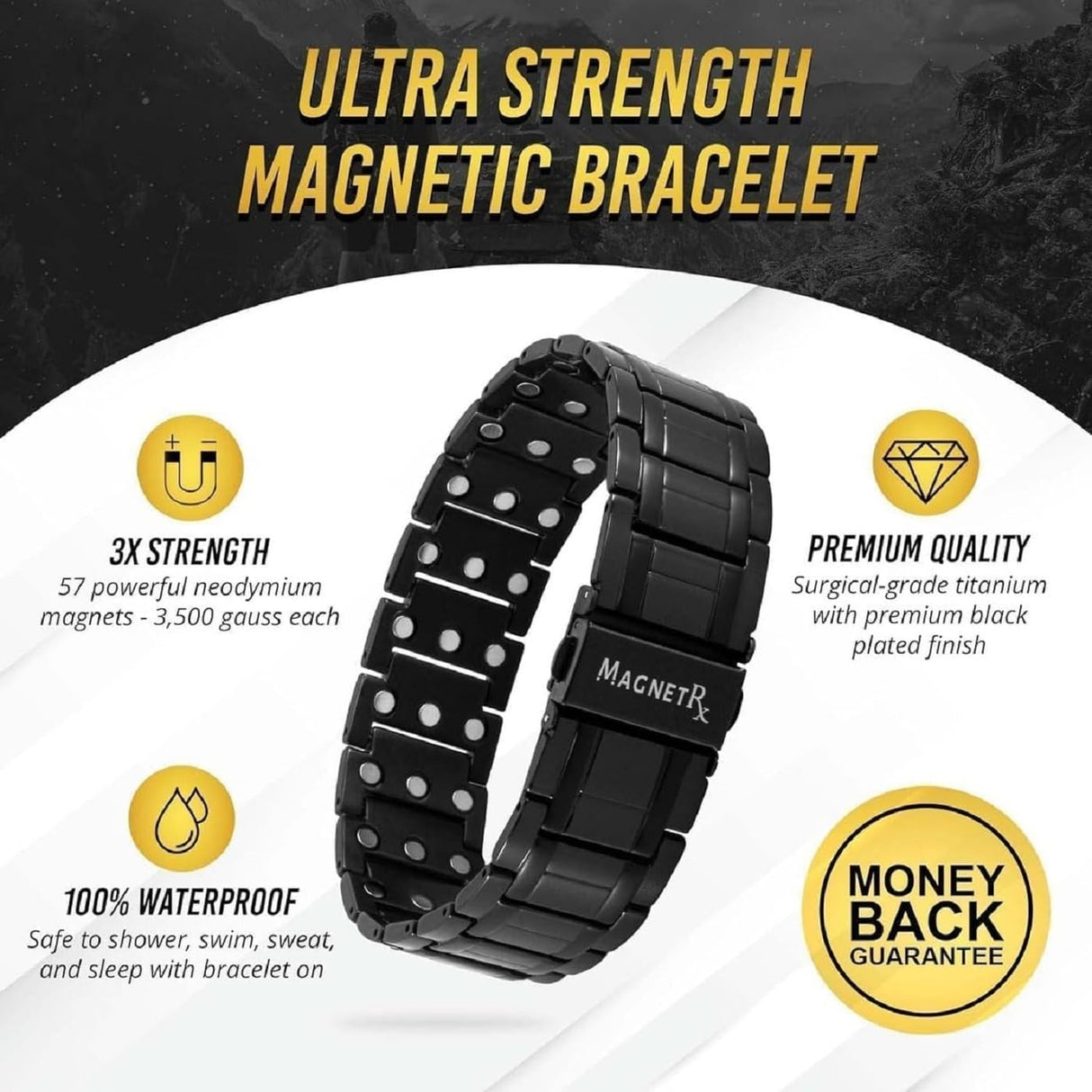 MagnetRX® 3X Strength Magnetic Bracelets for Men – Effective Titanium Mens Magnetic Bracelet – Premium Fold–over Clasp & Adjustable Length with Sizing Tool & Gift Box (Black)