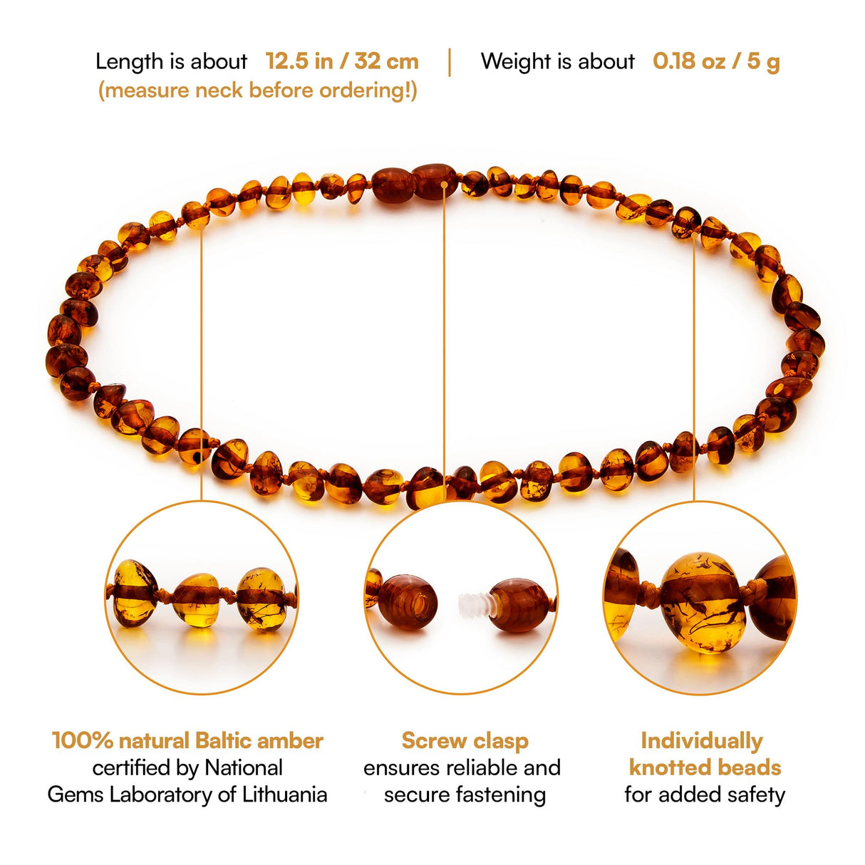Baltic Amber Necklace - 12.5", Polished Beads, Cognac Color