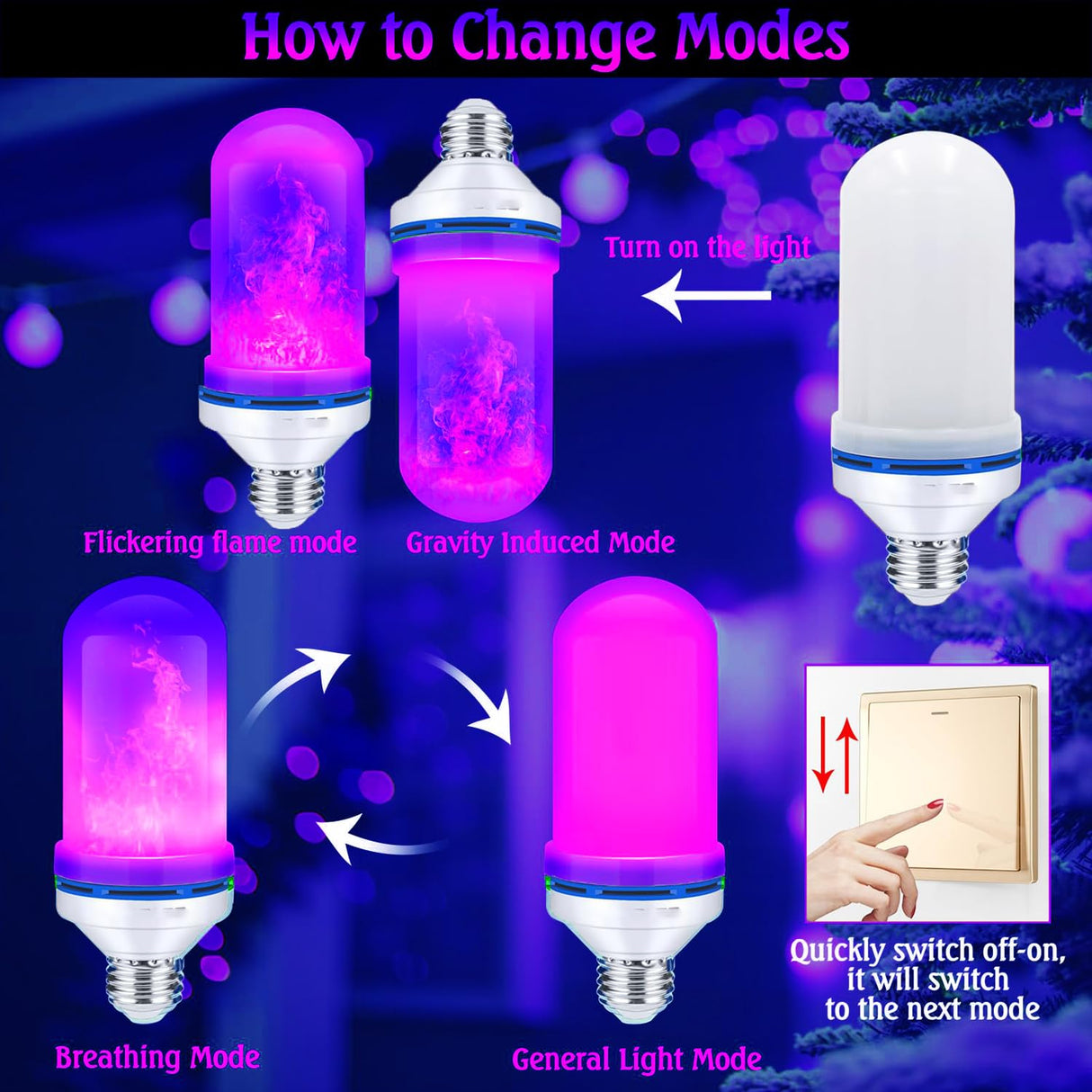 Upgraded LED Purple Flame Light Bulbs, 4-Mode Flickering Light Bulbs with Gravity Sensor, E26 Fire Light Bulb for Porch Party Patio Home Halloween Christmas Indoor Outdoor (Purple, 4)