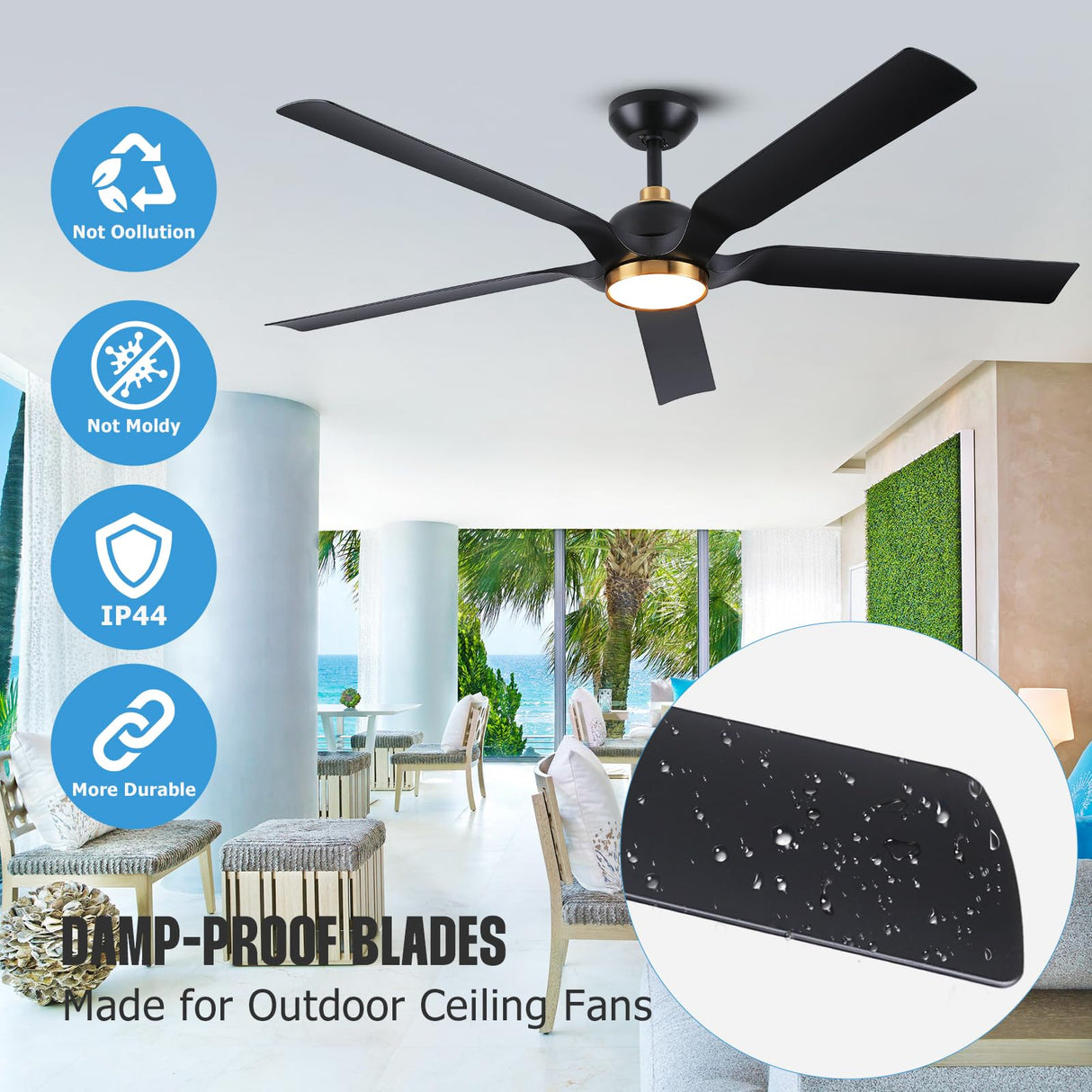 60 Inch Gold Ceiling Fan with Light and Remote, Black Gold Modern Ceiling Fans with Quiet Reversible DC Motor, Large Outdoor Ceiling Fan for Patio, Porch, Indoor Living Room, Bedroom, Office, 3 CCT