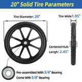 GICOOL 20" Flat Free Tire and Wheel, with 3/4" & 5/8" Bearing, 2.45" Centered Hub, Replacement Wheel For Rubbermaid Wheelbarrow, Garden Yard Cart, 2 Pcs