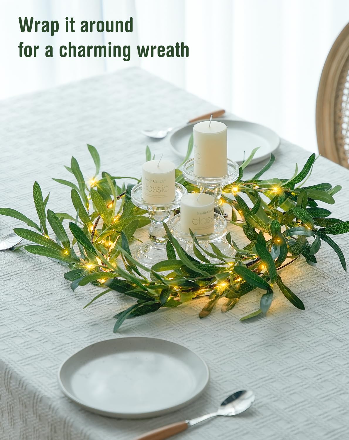 JMEXSUSS 100 LED 6 Ft Artificial Olive Lighted Garland for Fireplace Decor