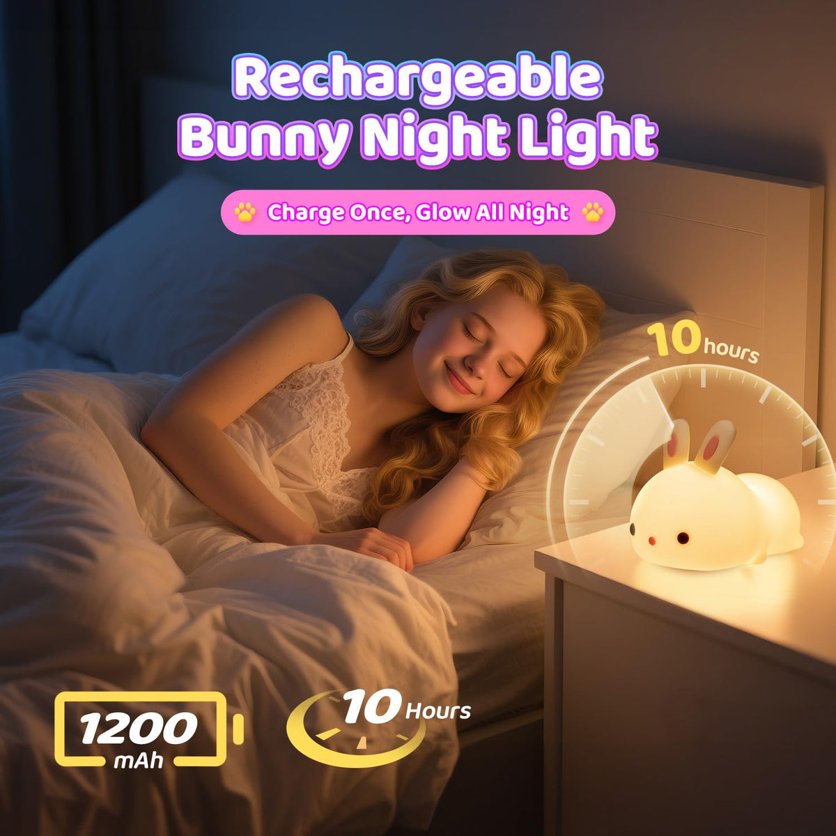 Kawaii Bunny Toys for Girls Gifts, 16-Color Silicone Night Light Cute Lamp