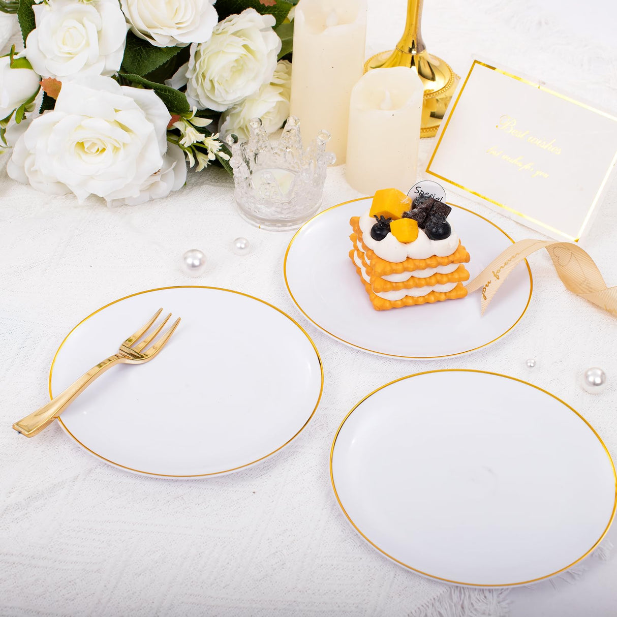 Festiva 200Pcs Gold Dessert Plates 6.3" with Forks 5"- Small Disposable Dessert/Cake/Appetizer Plates Plates- serve 100 guests include 100Plates 100Forks for Wedding Party&Thanksgiving&Christmas