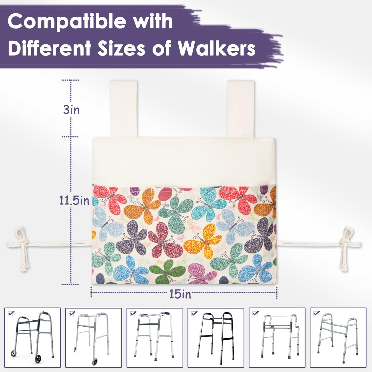 TOGETRUE Walker Bag, Handy Walker Basket with Water Cup Holder, Walker Accessories Storage Bag for Folding Walker, Wheelchairs, Strollers, 15"x11.5" (Butterfly)