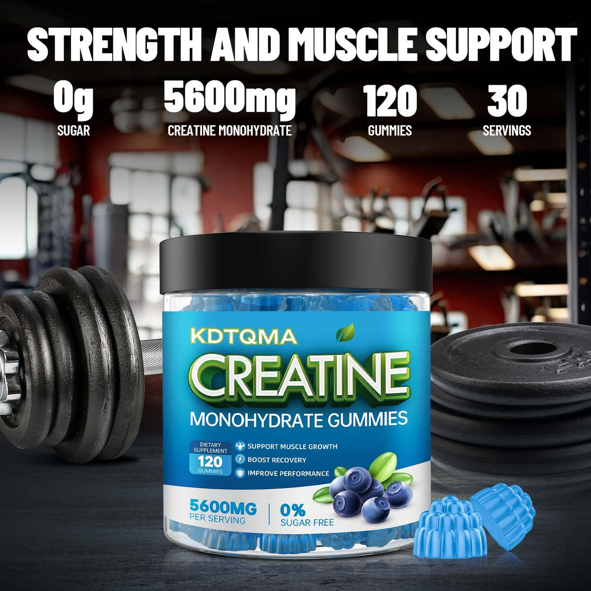 Creatine Monohydrate Gummies for Men & Women 120 CT - 5600mg of Creatine Monohydrate per Serving, Chewable Creatine Monohydrate for Muscle Support & Energy Boost, Sugar Free, Vegan (Blueberry Flavor)