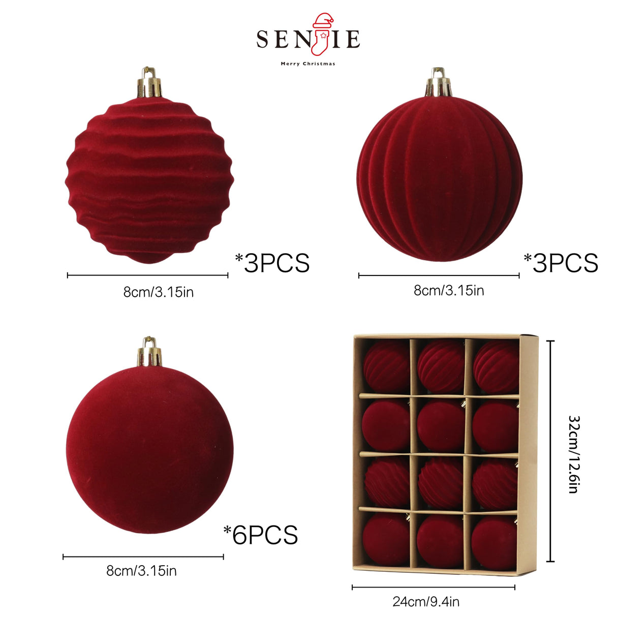 Senjie 3.15inch Burgundy Velvet Christmas Ornaments Balls Flocked Christmas Tree 12PCS Plastic Balls Xmas Hanging Ornaments Decoration Red