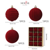 Senjie 3.15inch Burgundy Velvet Christmas Ornaments Balls Flocked Christmas Tree 12PCS Plastic Balls Xmas Hanging Ornaments Decoration Red