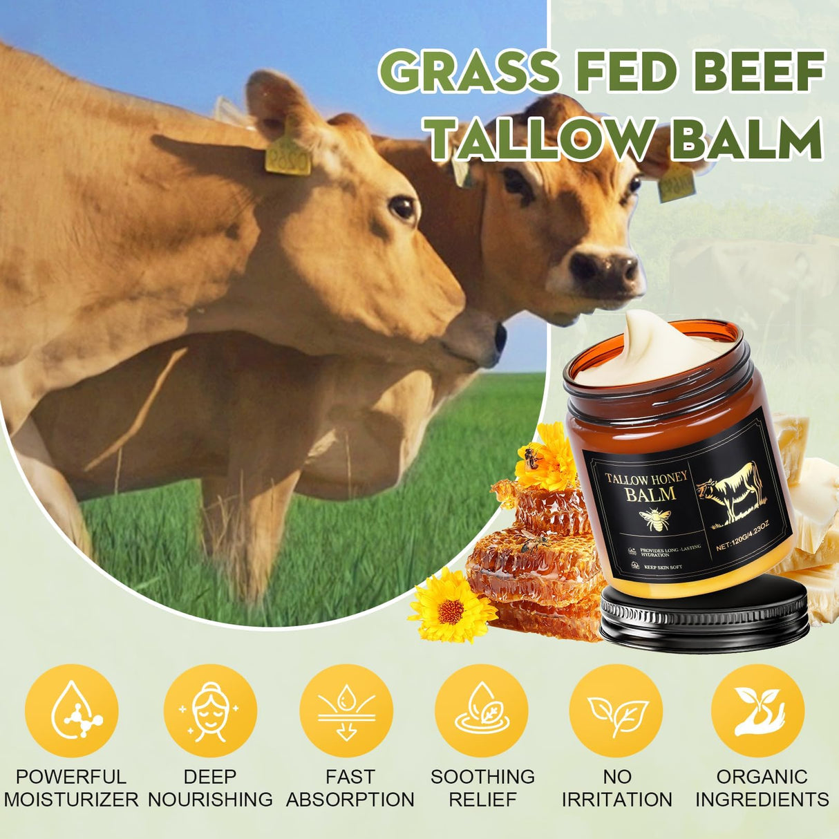 Beef Tallow for Skin,Organic Whipped Beef Tallow Face Moisturizer with Raw Honey and Beeswax,Natural Grass Fed Tallow and Honey Balm,Moisturizer for Face,Body&Sensitive Skin,Light Scented (4.23OZ)