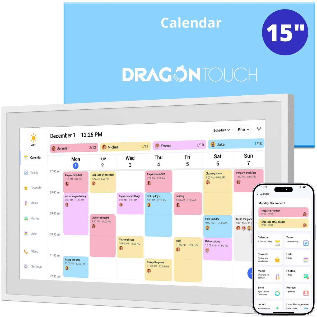 Dragon Touch 15.6" digital calendar chore chart – 1080P full HD interactive touchscreen, smart family planner, Hearth Display wall & desk mountable for seamless scheduling