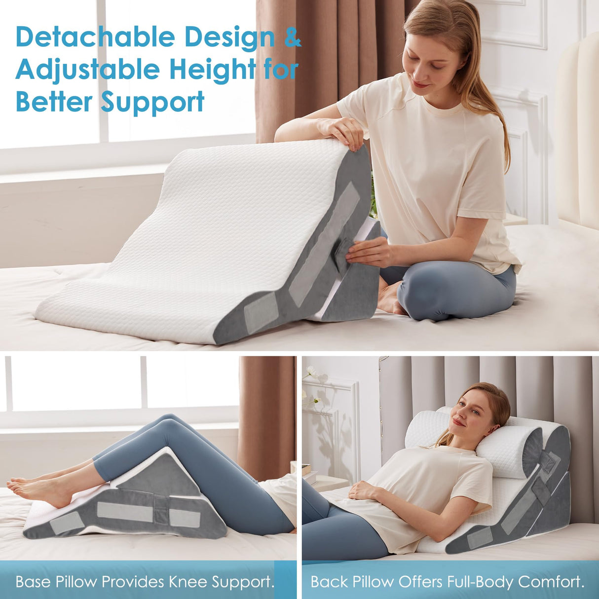 MEGCXIT 4PCS Bed Wedge Pillow for Headboard, 10-in-1 Adjustable Foam Wedge Pillow for Acid Reflux Relief, 23” Wide Triangle Pillow Wedge for Post Surgery, Back Pain Relief & Snoring, White/Grey