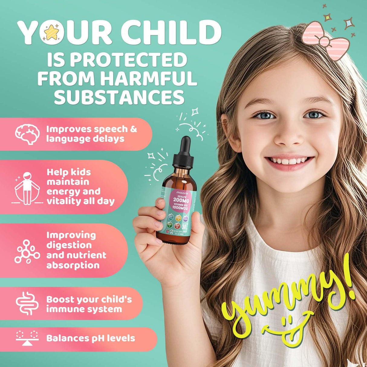 Zeolite Detox for Kids, 200mg Zeolite Liquid Drops with 1000mcg Vitamin B12, 250mg Organic Chlorella, 10 Billion CFU and Prebiotics for Gut Support & Speech, Immune, Bone, Energy, Strawberry, 60ML