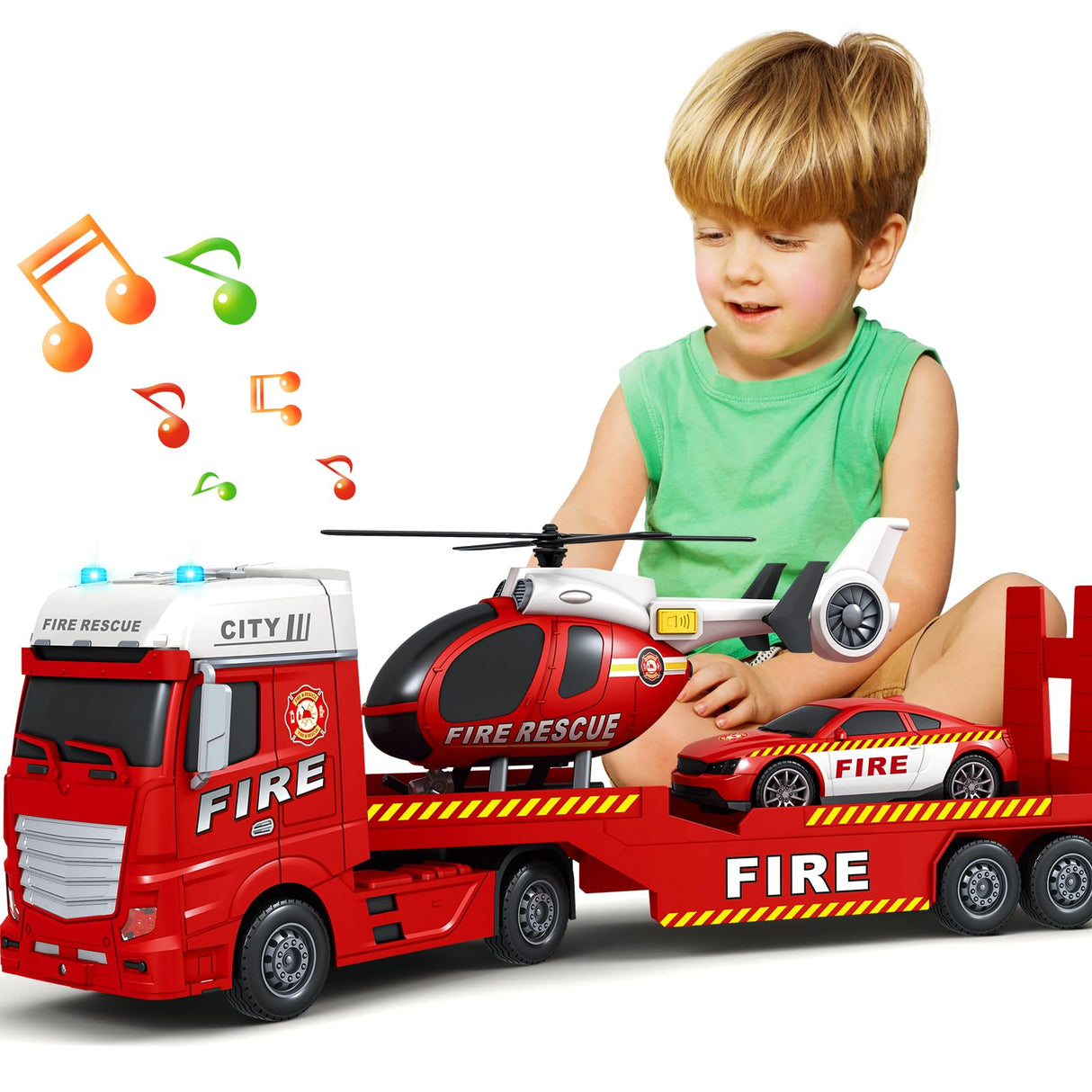 Kids Toys for 3 4 5 6 7 8 Years Old Boys, 25" Fire Truck Toy with Racing Car and Helicopter, Toddler Friction Powered Truck Vehicle Toy with Lights, Sounds for Boys Girls Christmas Birthday Gifts