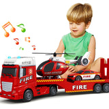 Kids Toys for 3 4 5 6 7 8 Years Old Boys, 25" Fire Truck Toy with Racing Car and Helicopter, Toddler Friction Powered Truck Vehicle Toy with Lights, Sounds for Boys Girls Christmas Birthday Gifts