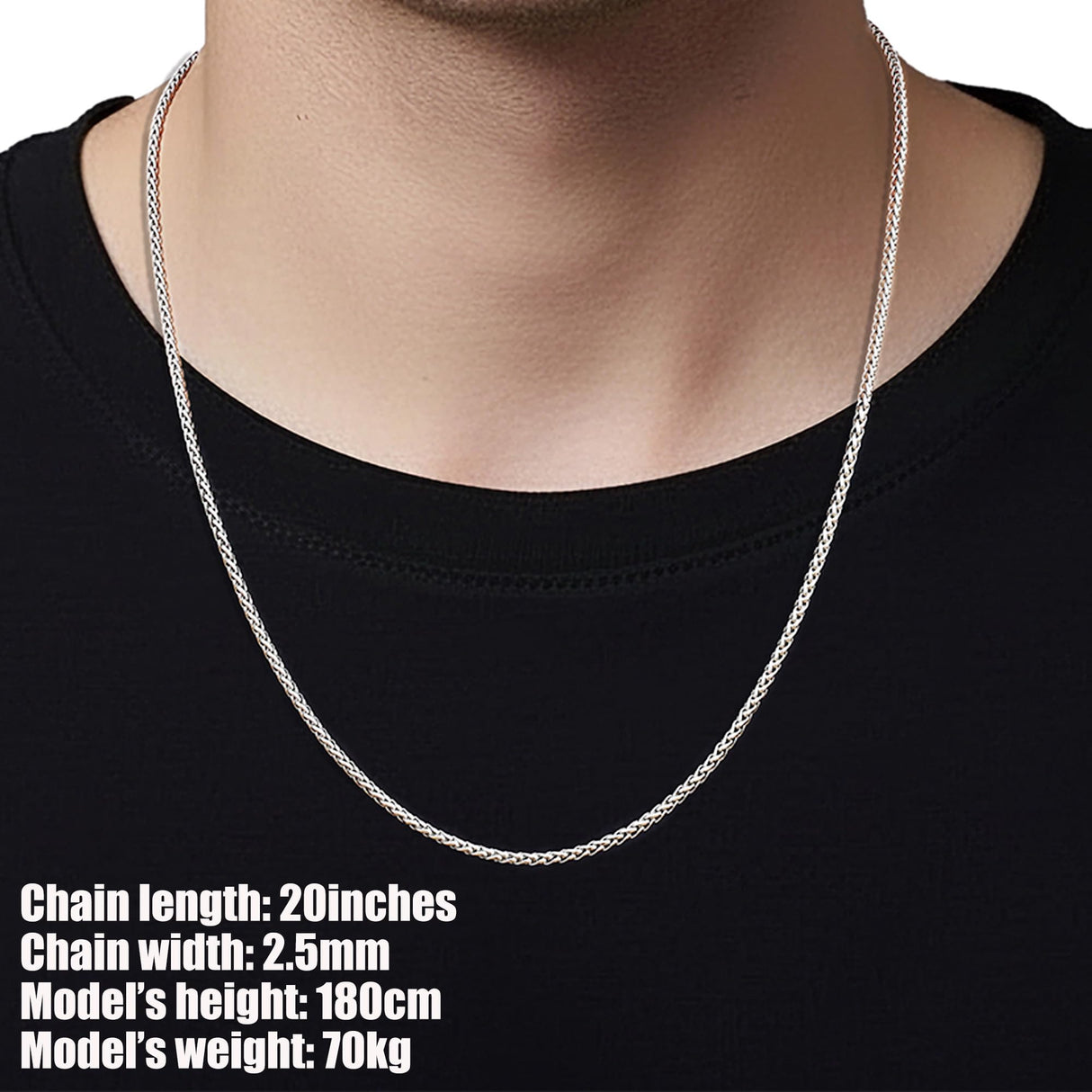 Fiusem 2.5mm Silver Tone Wheat Chain for Men, 24 Inches