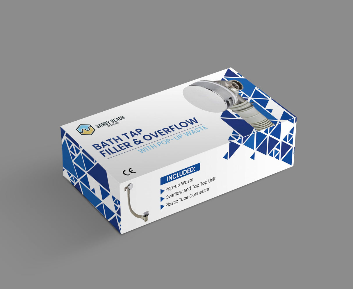 Sandy Beach Black Bath Tap Filler Overflow with Pop-Up Waste - Black Bath Waste and Overflow, Pop Up Bath Waste, Black Bath Taps - Drain Pipe Fittings, Black Bath Filler - Bath Waste and Overflow Kit