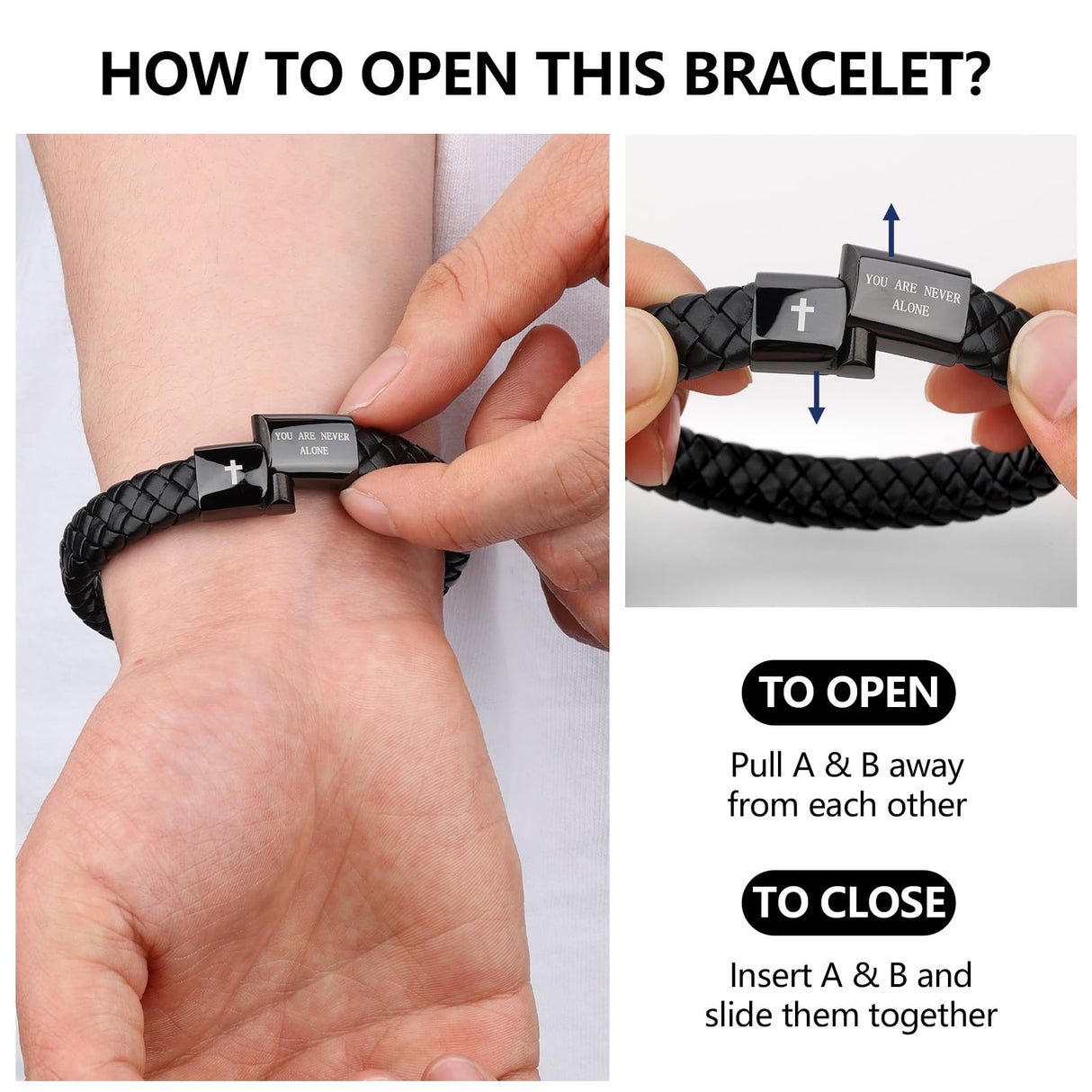 Alissl Black Braided Leather Bracelet for Men, Christian Mens Gifts Ideas