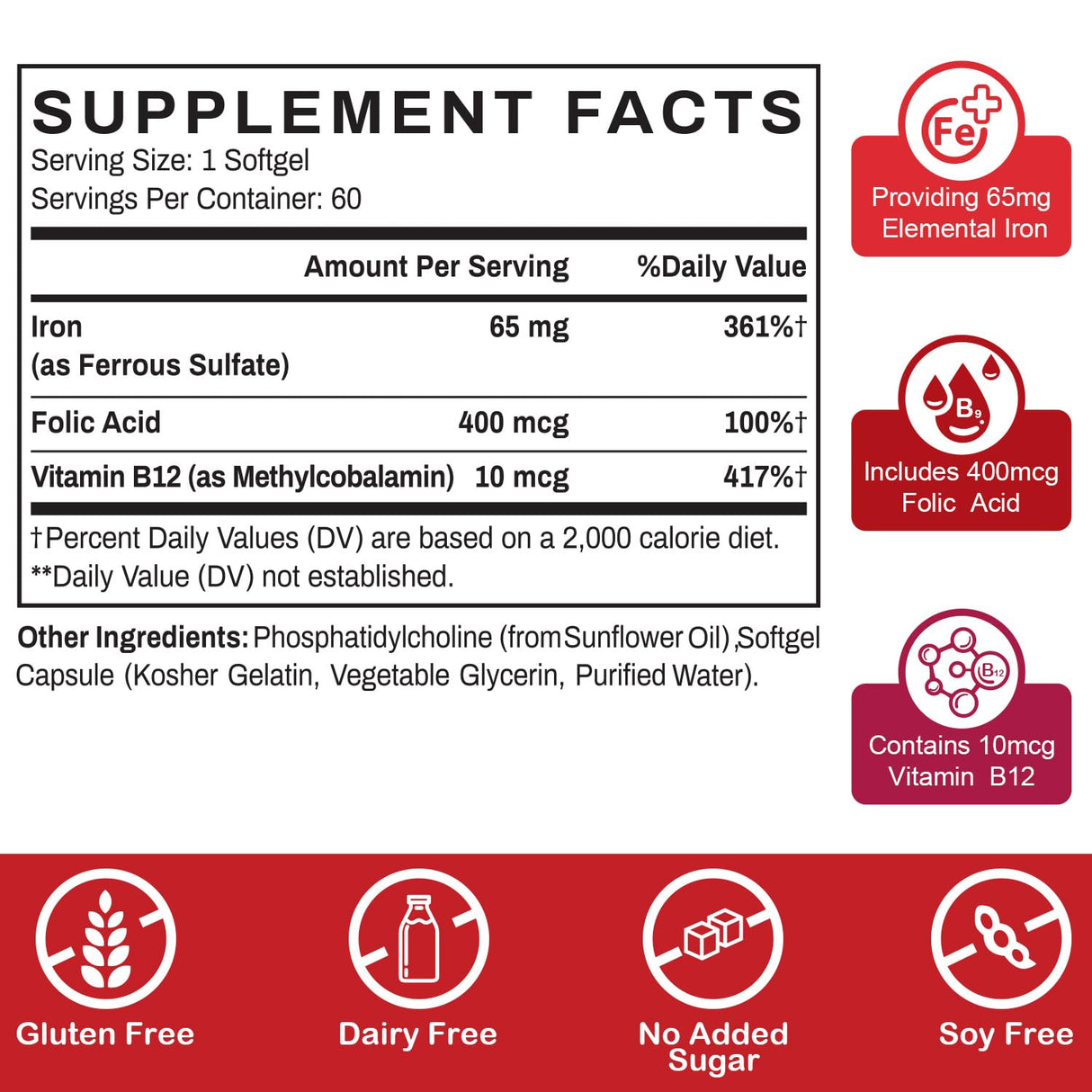Liposomal Fe Iron Supplement for Women, 65 mg Iron Supplement with Folic Acid & Vitamin B12 for Men, Daily Blood & Energy Support for Adults Iron Deficiency 60 Softgels (1 Bottle)