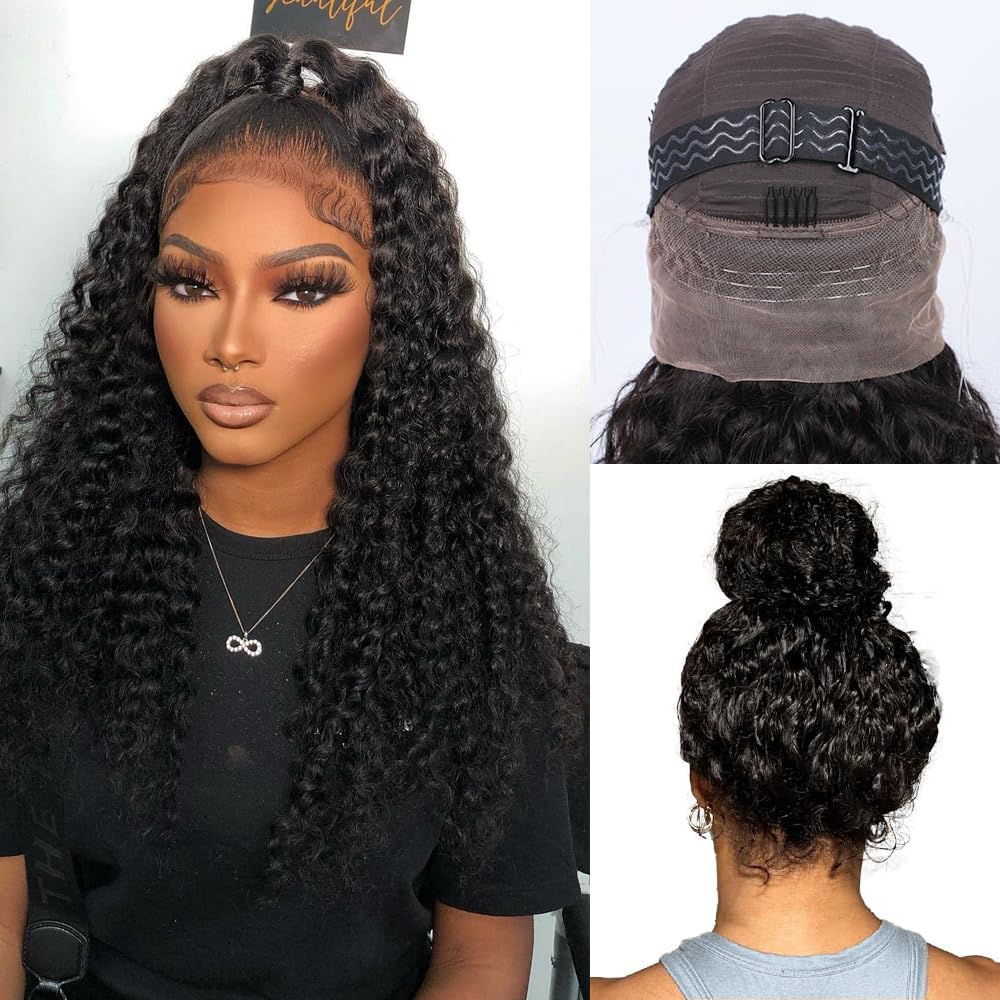 Ebarly Hidden Strap Water Wave 360 Glueless Wigs Human Hair Pre Plucked Pre Cut 180 Density Wet and Wavy HD Full Lace Frontal Drawstring Wig with baby hair(20 inch)