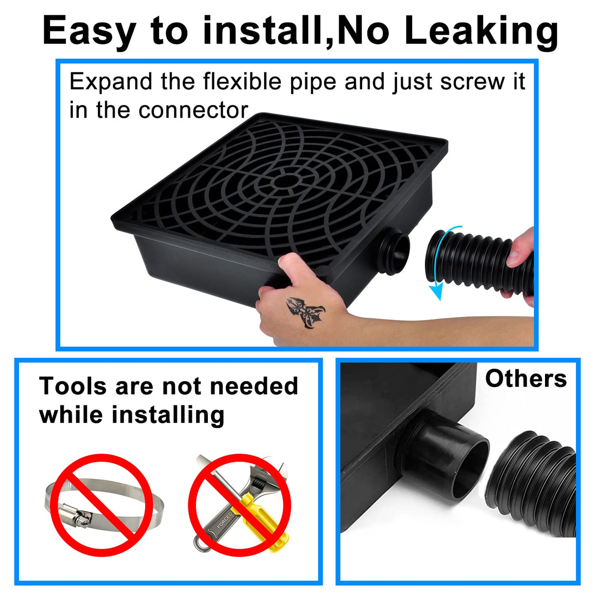 Prestantious Low Profile Catch Basin Drain Kit Downspout Extender, 12"×12" Catch Basin Gutter Downspout Extensions with 2" ID Flexible Pipe, Pipe Stretched Length 16.4ft, Rainwater Drainage System