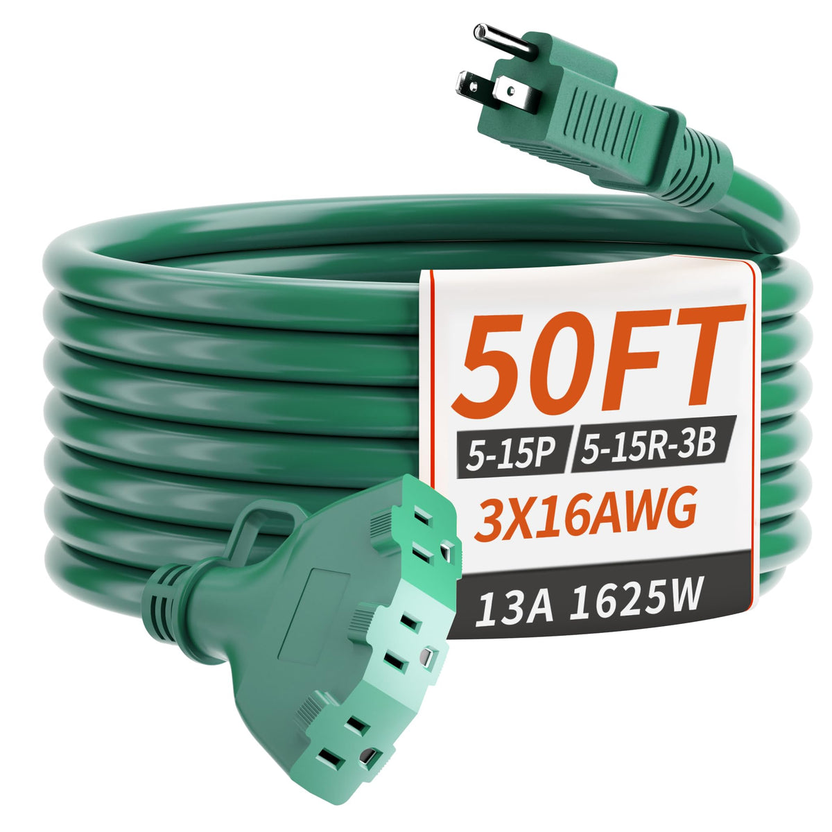 50 FT 16/3 Green Outdoor Extension Cord with Multiple Outlets, Flexibl ...