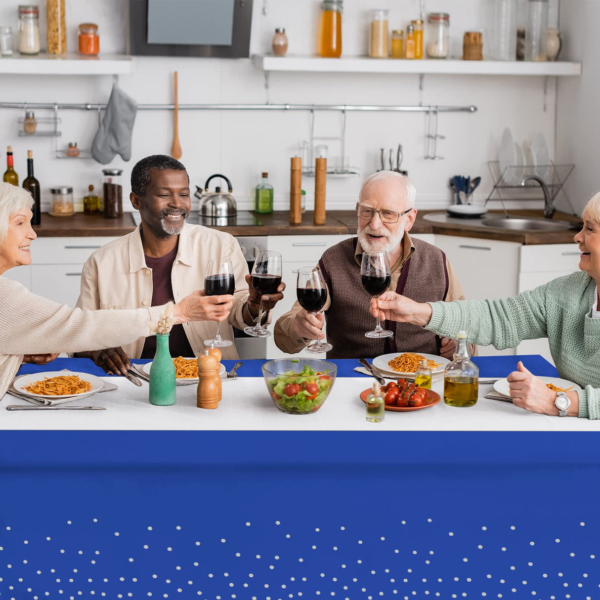 16Pack Disposable Plastic Tablecloths and Satin Table Runner Set Blue and Silver Dot Tablecloth Silver Satin Table Runner for Wedding Birthday Baby Shower Anniversary Christmas New Year Party Supplies