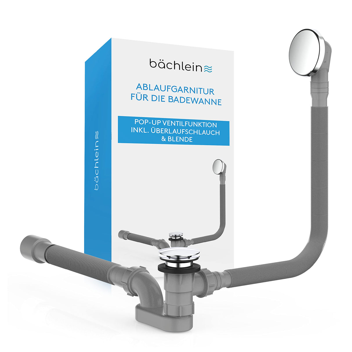 Bächlein Pop-up Drain for The Bathtub, pop-up Function with Sieve for a Clean Bathtub Drain, Complete kit with Flexible Overflow, Overflow Cover and Siphon