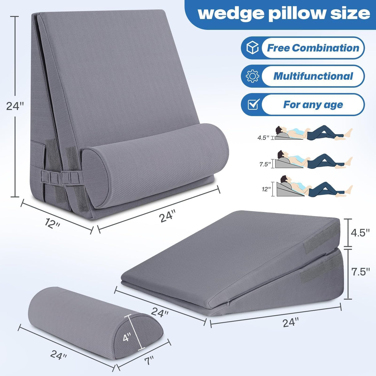 GOHOME Cooling Wedge Pillow Set for After Surgery, 3-Piece Adjustable Memory Foam Bed Wedge Pillow for Sleeping - Acid Reflux, Snoring, Neck Pain and Back Pain, Grey