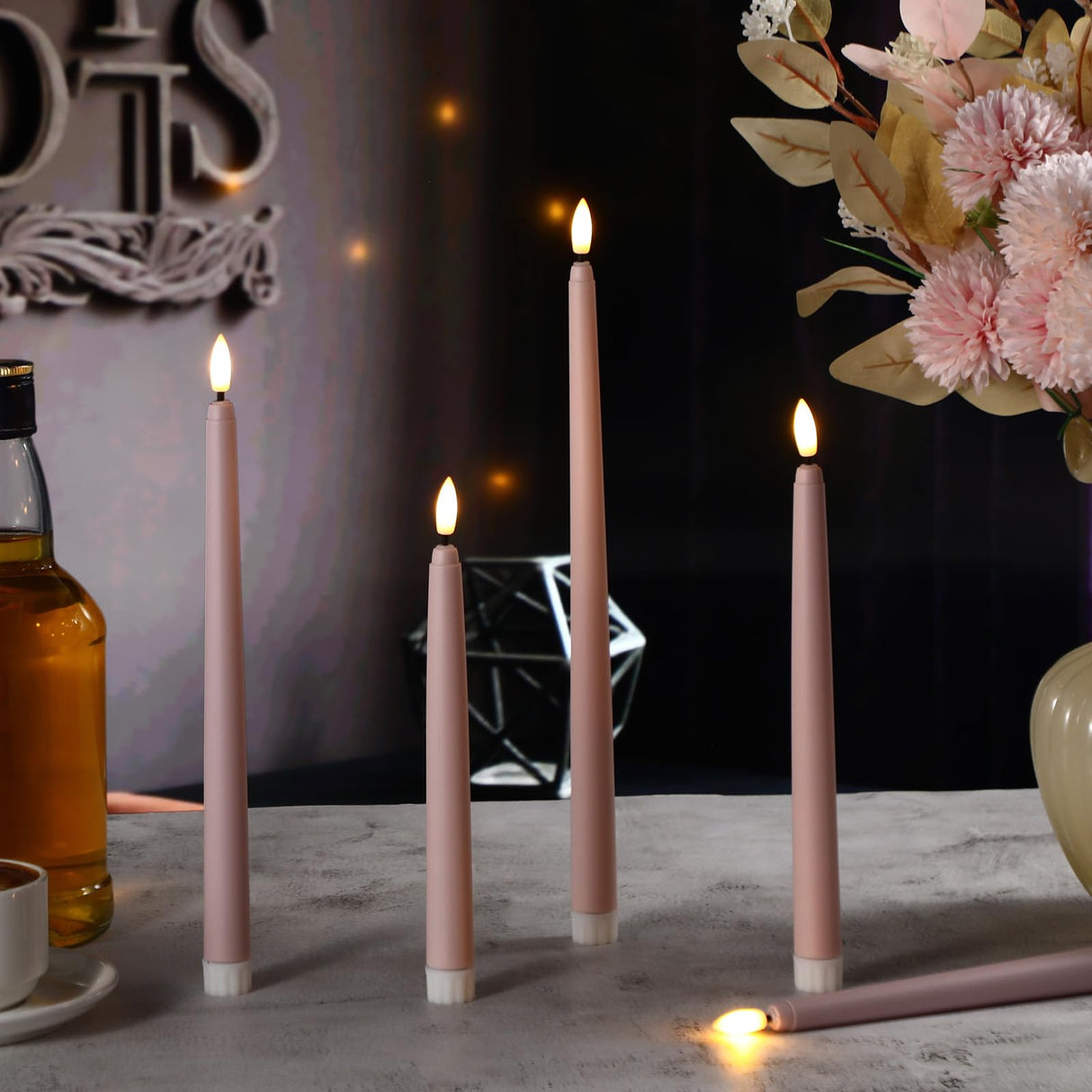 Rossesay 24 Pcs Flameless LED Taper Candles Battery Operated Candles 8.58'', 9.69'', 10.98'', 12.91'', 12.8'' Flameless Candlesticks Flickering for Halloween Christmas Church Wedding(Dusty Pink)