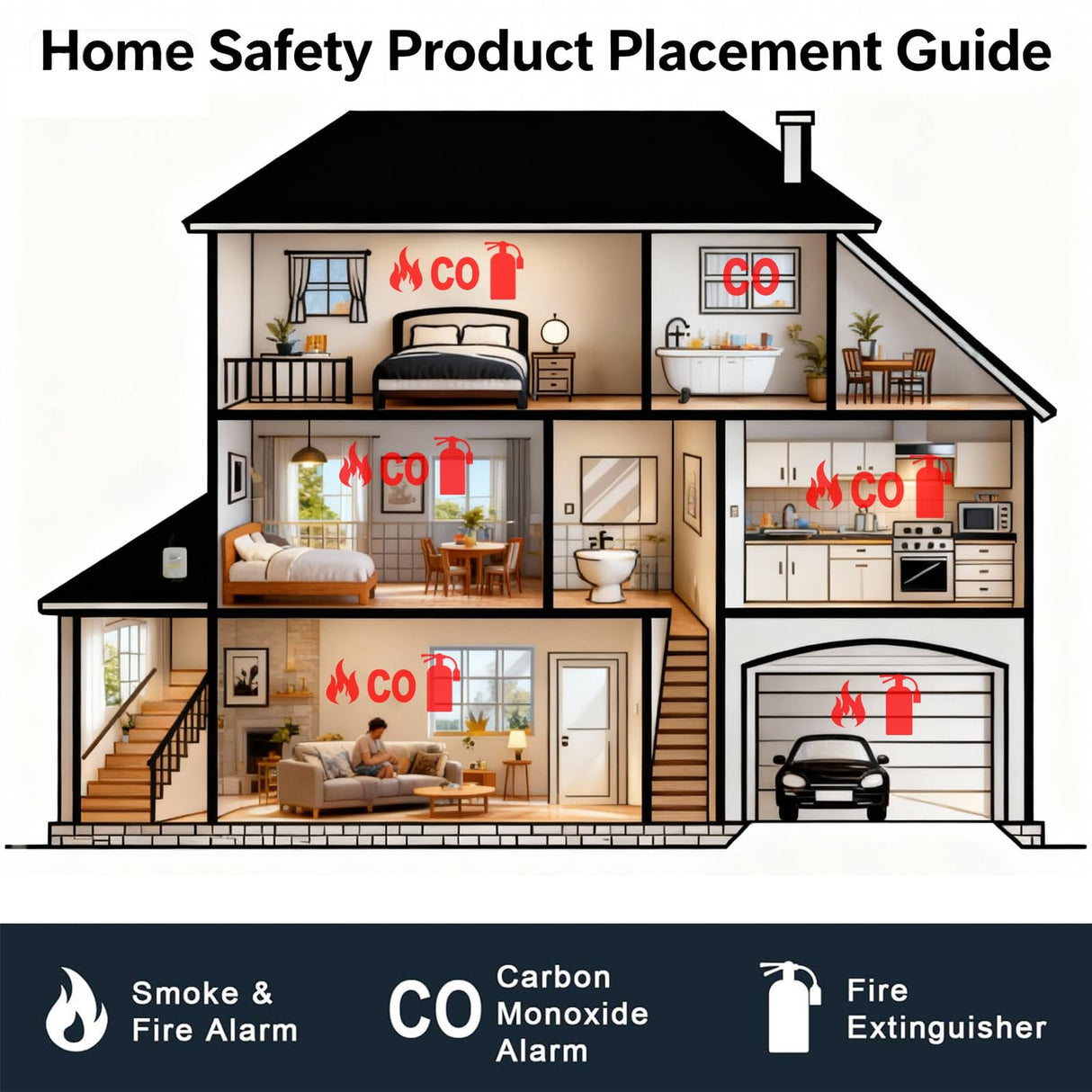 Smoke Detector Carbon Monoxide Detector Combo 10 Year Battery， 2 in 1 Smoke Detector, LED Warning Light Indicators, White, 1 Pack