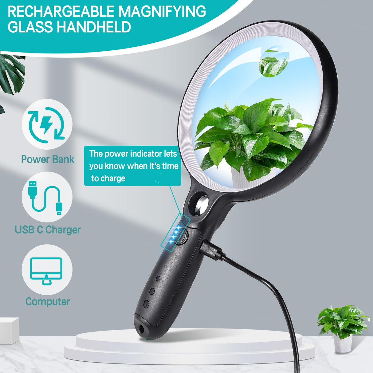 Large Magnifying Glass with 37 LED Light, 10X 20X 45X Handheld Illuminated Lighted Magnifier with 3 Light Modes Rechargeable Magnifying Glass for Seniors Reading, Inspection (White & Black)