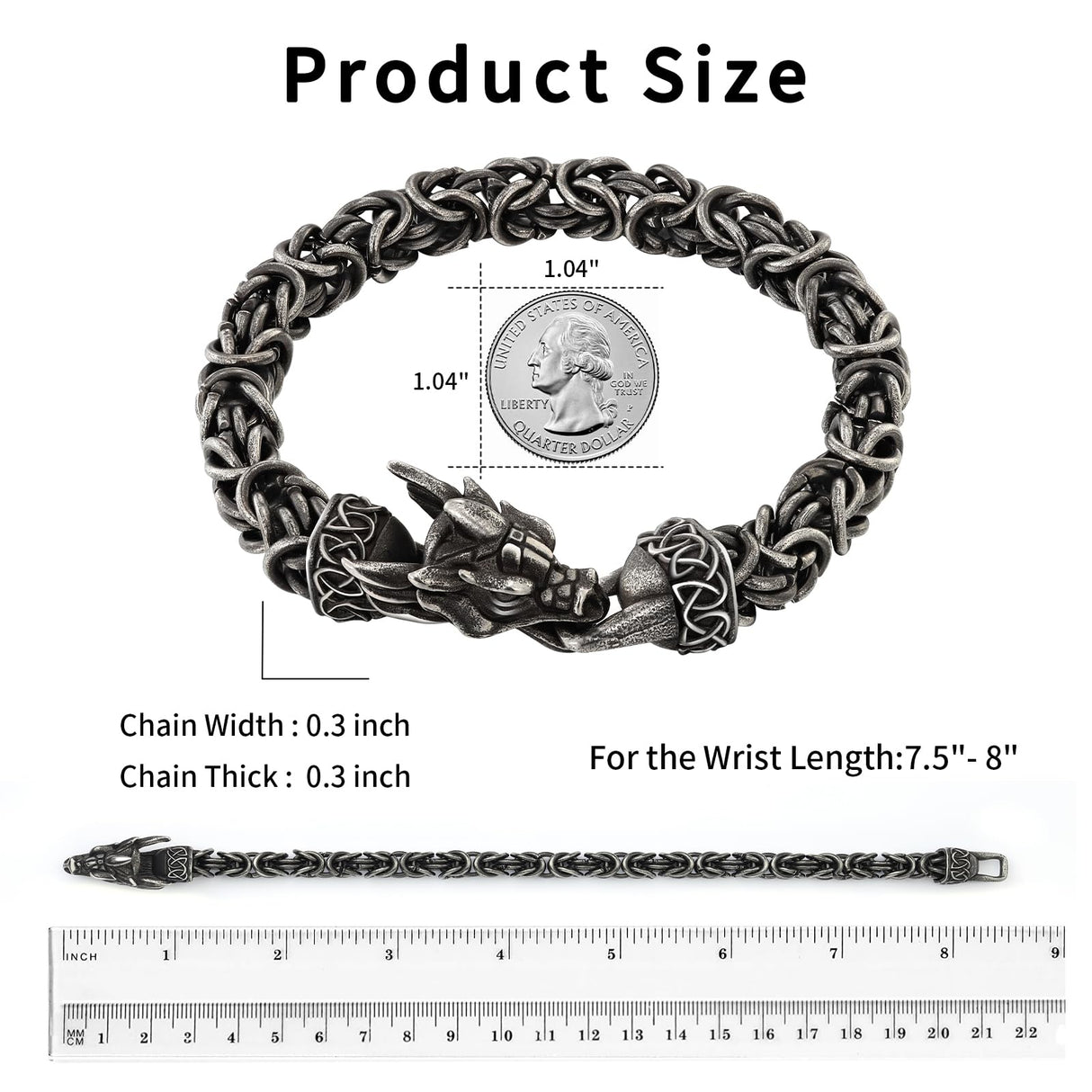 8" Byzantine Black Stainless Steel Norse Vintage Dragon Bracelets for Men