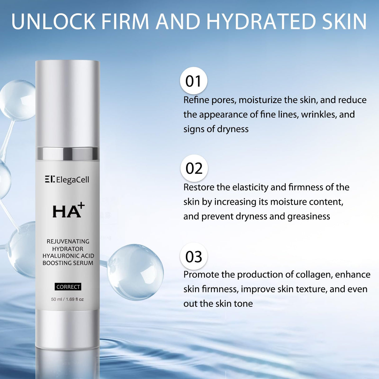 HACIRFE ElegaCell HA+ Rejuvenating Hydrator Skin Hyaluronic Acid Boosting Serum for Face, 1.69 oz Pump,Smooth Fine Lines and Wrinkles,Promotes 24-Hour Moisturization
