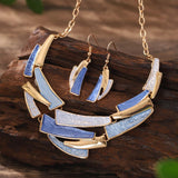 JWIGP Boho Geometric Statement Jewelry Set for Women, Blue Enamel Chunky Gold Necklace Earrings Retro Vintage Layered Chunky Collar Fashion Jewelry Gifts (Blue set)