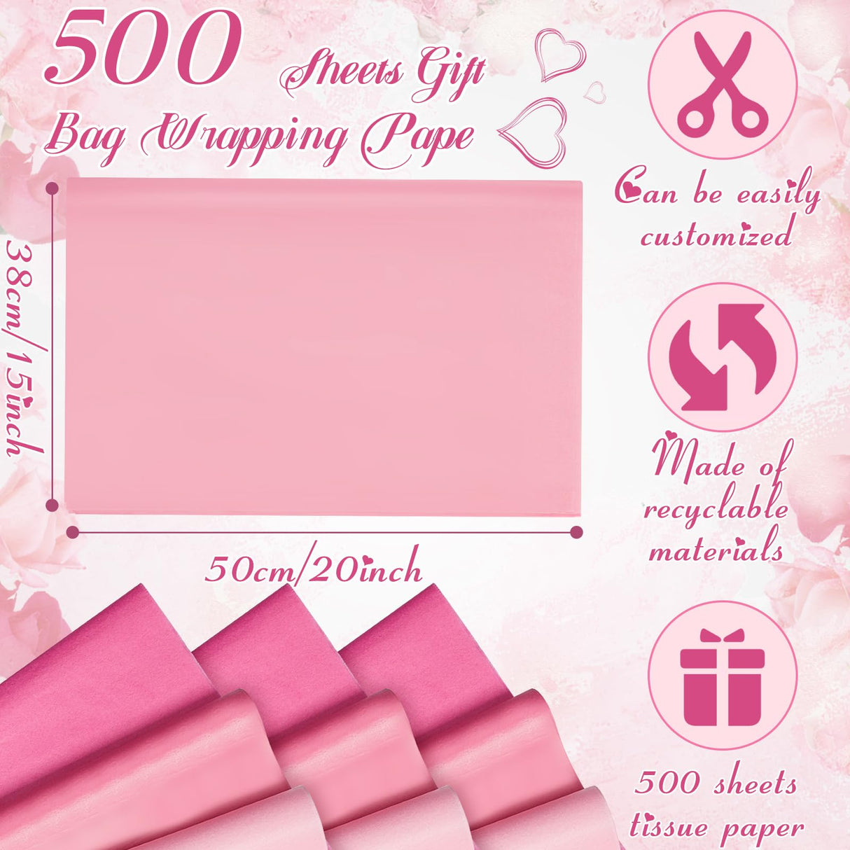 Qilery 500 Sheets Pink Tissue Paper Bulk for Gift Bags 15 x 20 Inch Acid Free Halloween Packaging Wrapping Decoupage Paper Sheets for Christmas Wedding Decoration DIY Flowers, Pom Poms Crafts Supplies