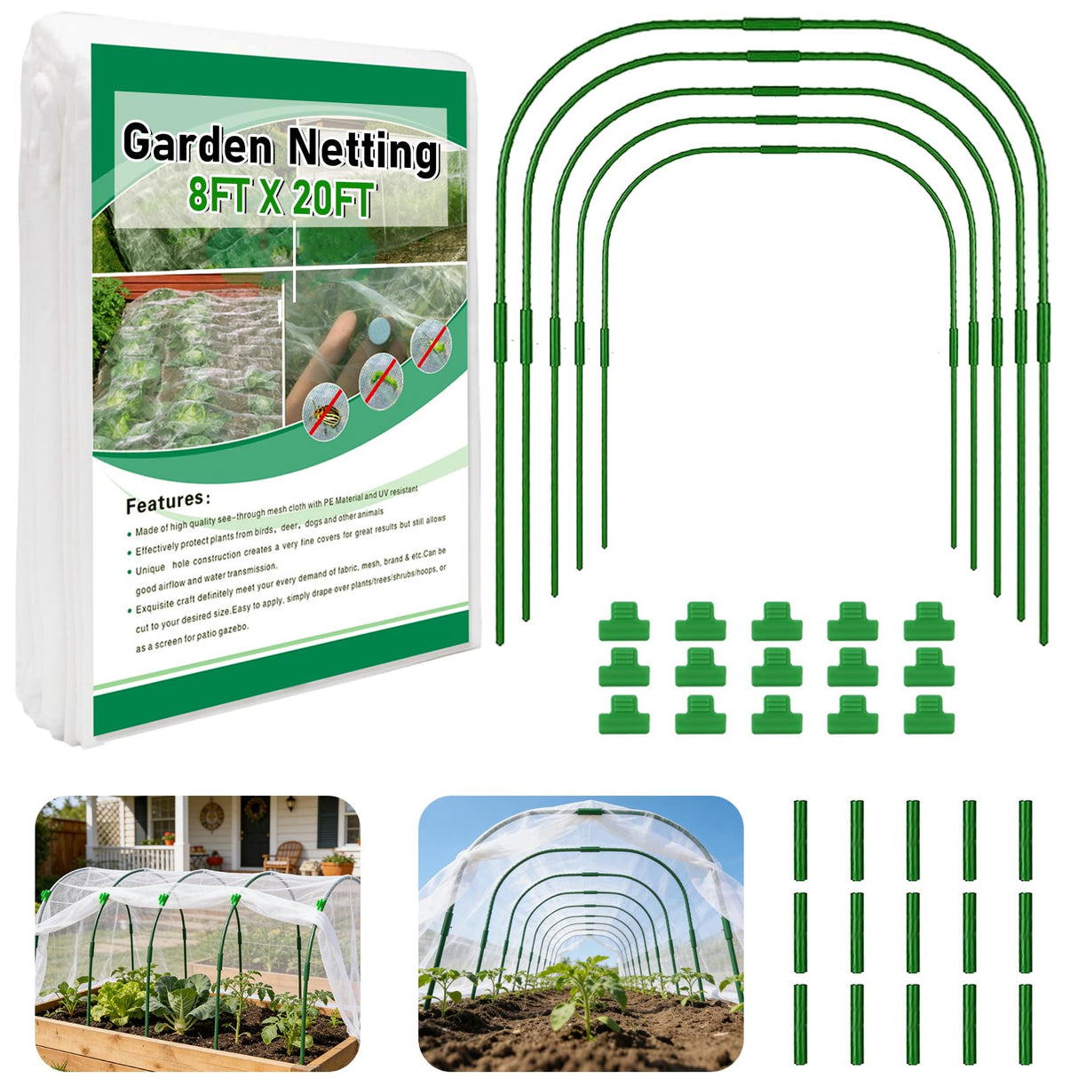Garden Netting Kit for Raised Beds, Ultra Fine Garden Mesh Netting 8x20ft & 5 Sets Garden Hoops with Clips, Row Cover Net Protection Plant Covers Set for Greenhouse Vegetable Fruits Flowers Barrier