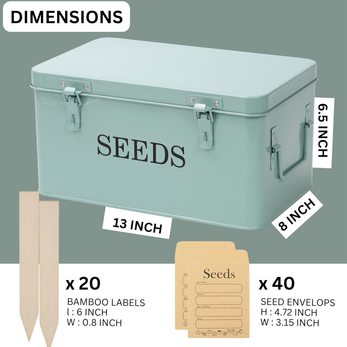 QUILIVIK Large Modern Green Rectangular Metal Seed Storage Box with 4 Compartments and 40 Envelopes and 20 Bamboo Plant Labels