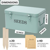 QUILIVIK Large Modern Green Rectangular Metal Seed Storage Box with 4 Compartments and 40 Envelopes and 20 Bamboo Plant Labels
