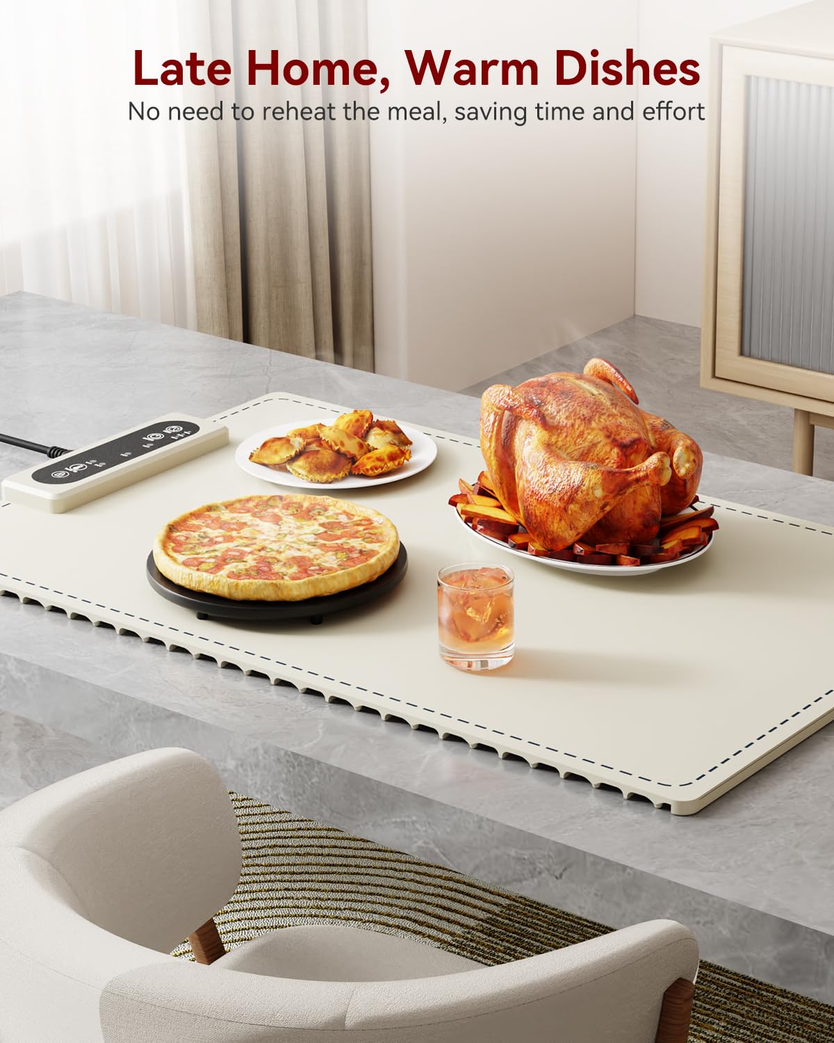 Negative ion Food Warming Mat with Adjustable Temperature,Foldable Electric Warming Tray for Parties Features 3 Modes & Fast Heating,Roll Up Food Warmer for Parties,Shabbat,Christmas (White)