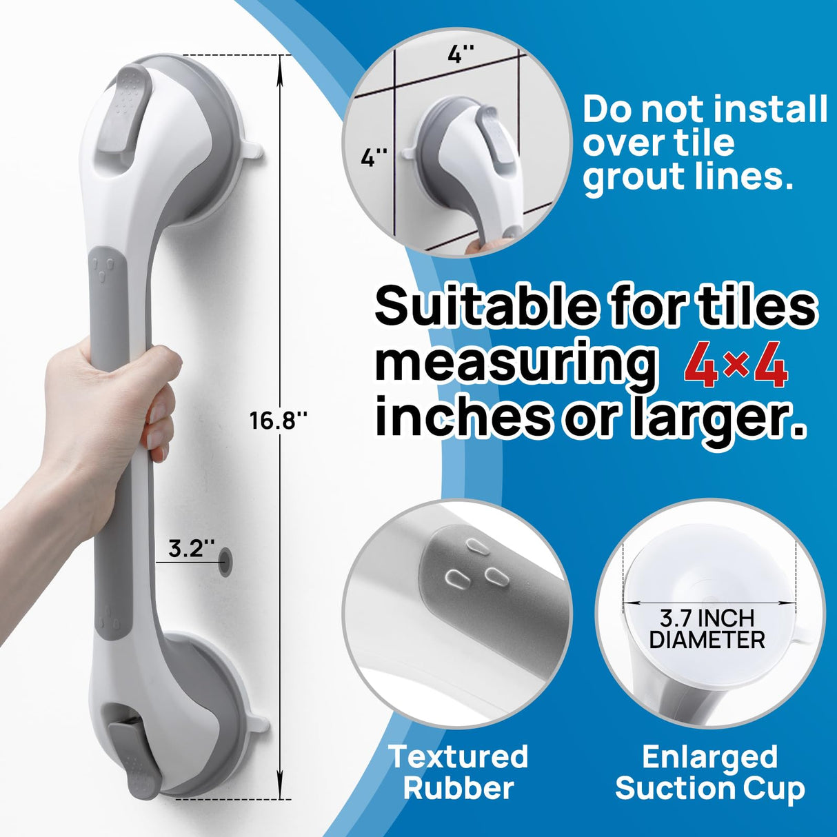 LEVERLOC 2 Pack Shower Grab Bars for Bathtubs and Showers, Easy to Install Suction Shower Handles for Bathroom Removable Handrails for Seniors Elderly Heavy Duty Safety Grip Waterproof Drill Free Gray