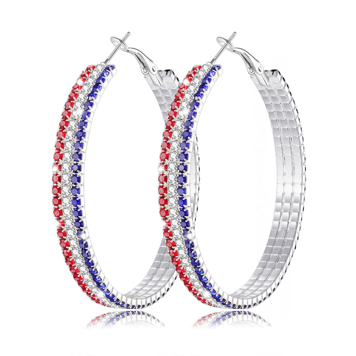 4th of July Earrings Sparkle Rhinestone Hoop Earrings Patriotic Red White and Blue Earrings Glitter Crystal Stainless Steel Hoop Earring for Women American Flag Jewelry