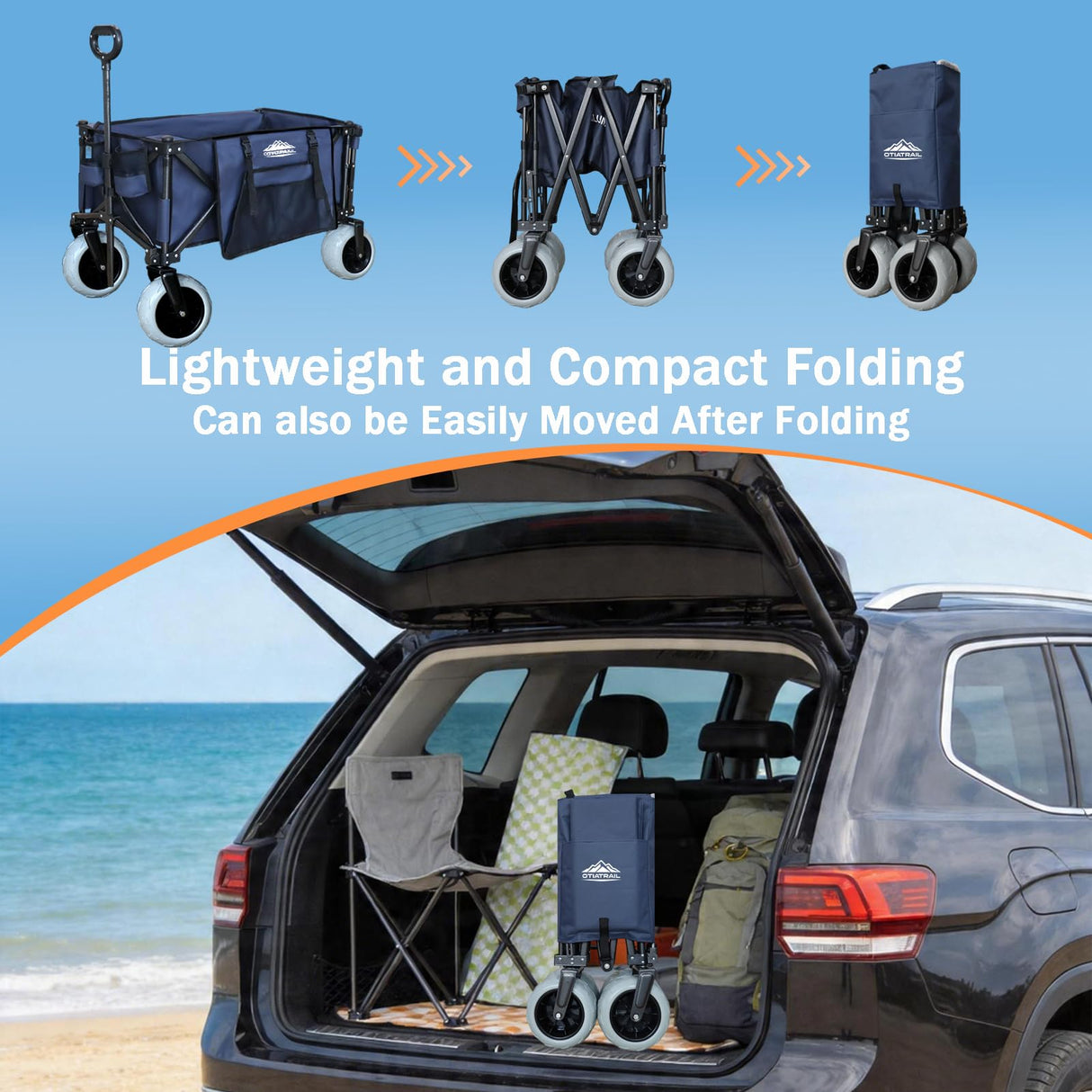 OTIATrail 300L Foldable Beach Wagon with Tailgate, 9" Flat-Free PU Wheels, Heavy Duty Utility Wagon Cart for Camping, Sports, Shopping, Garden, Outdoor, Navy Blue
