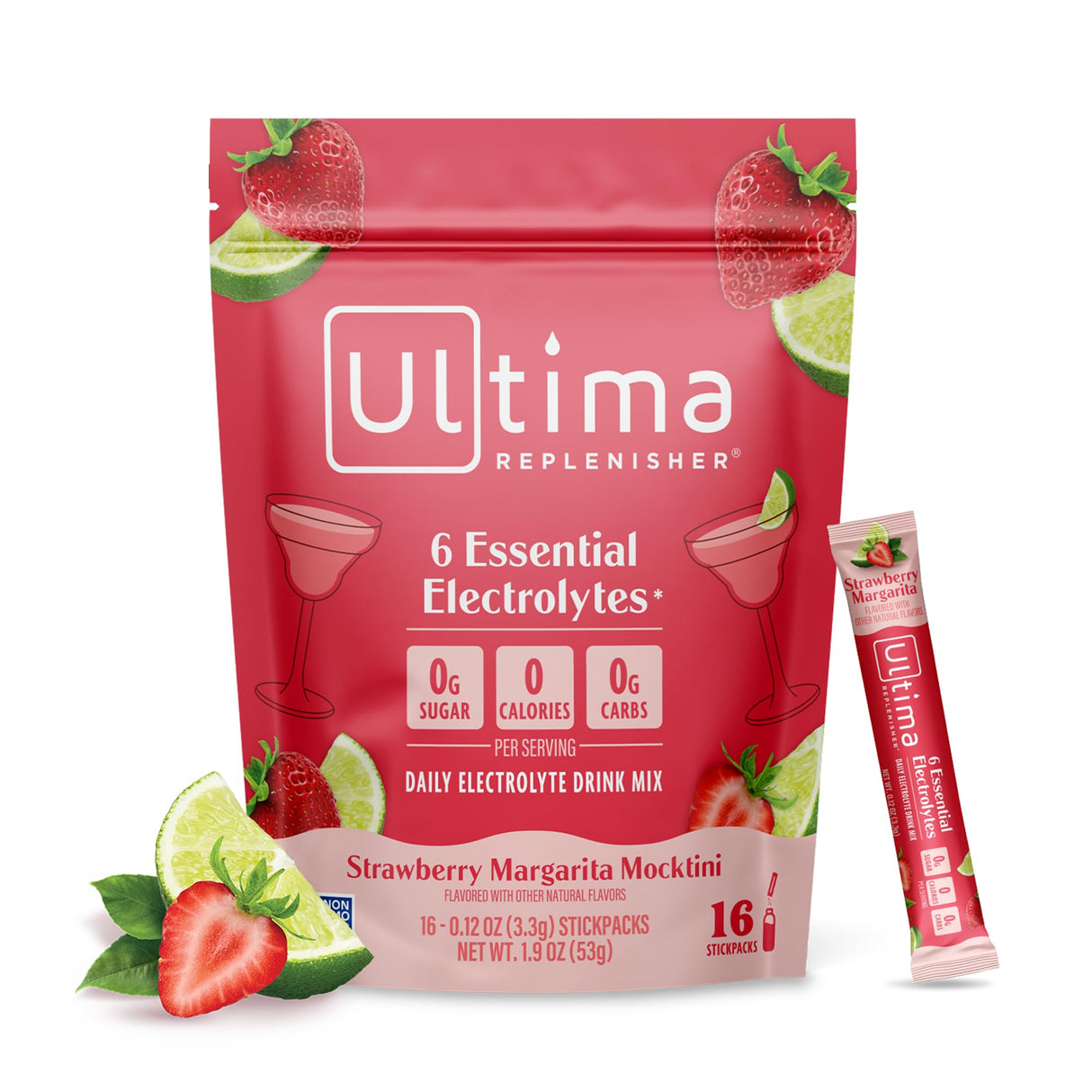 Ultima Replenisher Daily Electrolyte Powder Drink Mix - Sugar Free - Strawberry Margarita, 16 Stickpacks - Hydration Packets with 6 Electrolytes and Trace Minerals - Keto Friendly, Vegan, Non-GMO